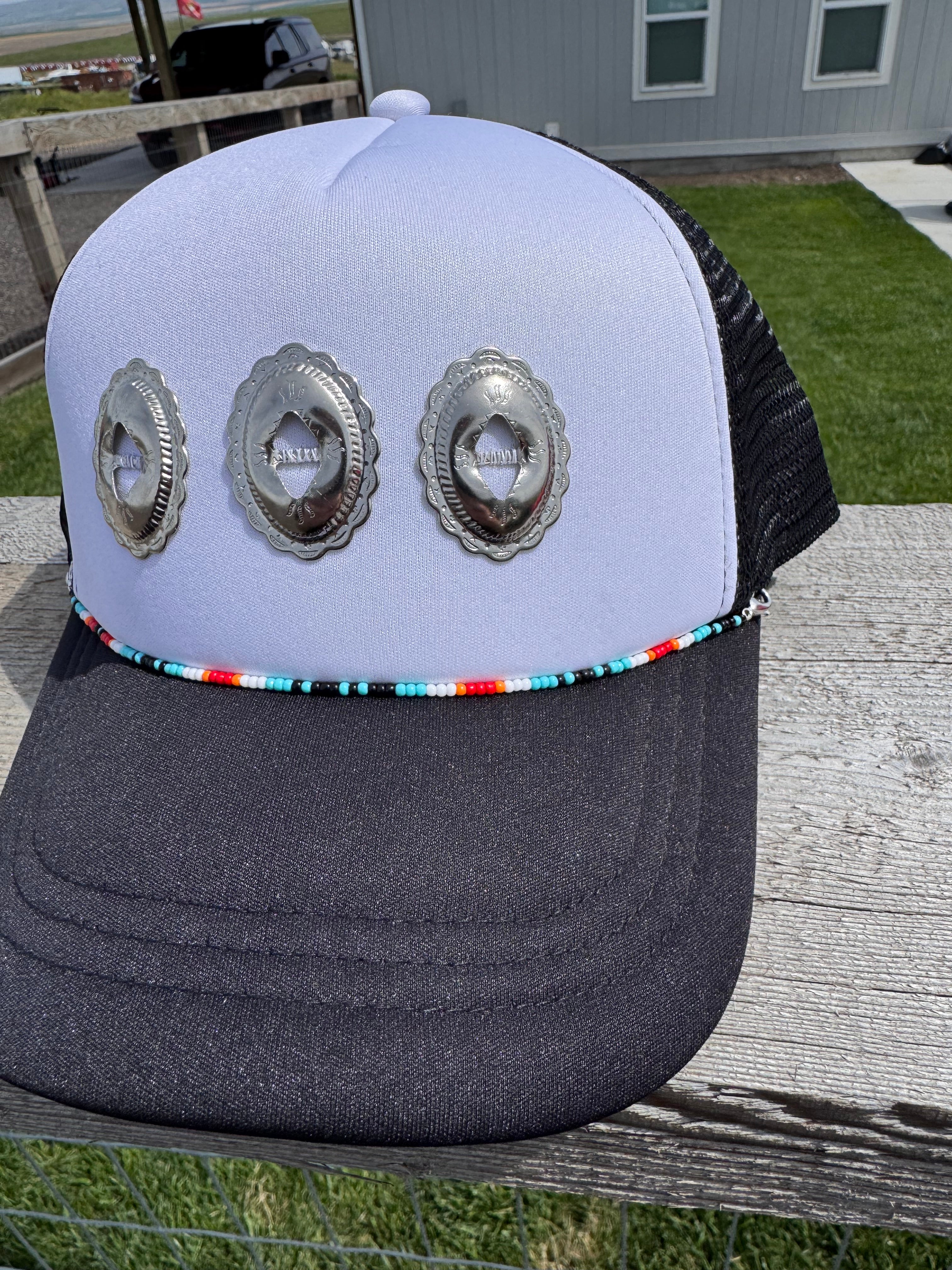 Western conch black hat with beaded hat chain