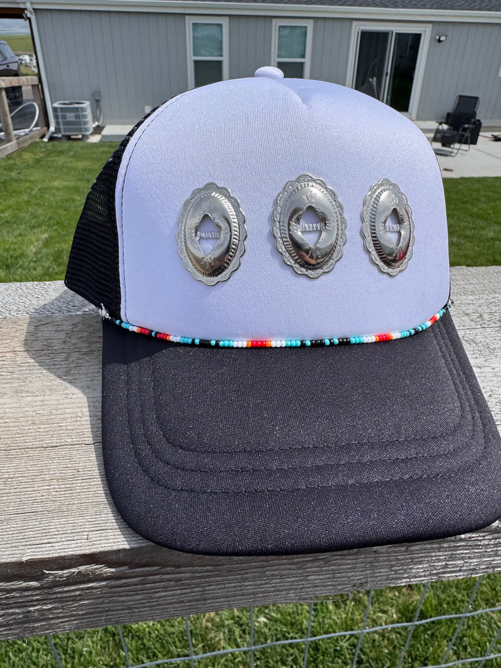 Western conch black hat with beaded hat chain