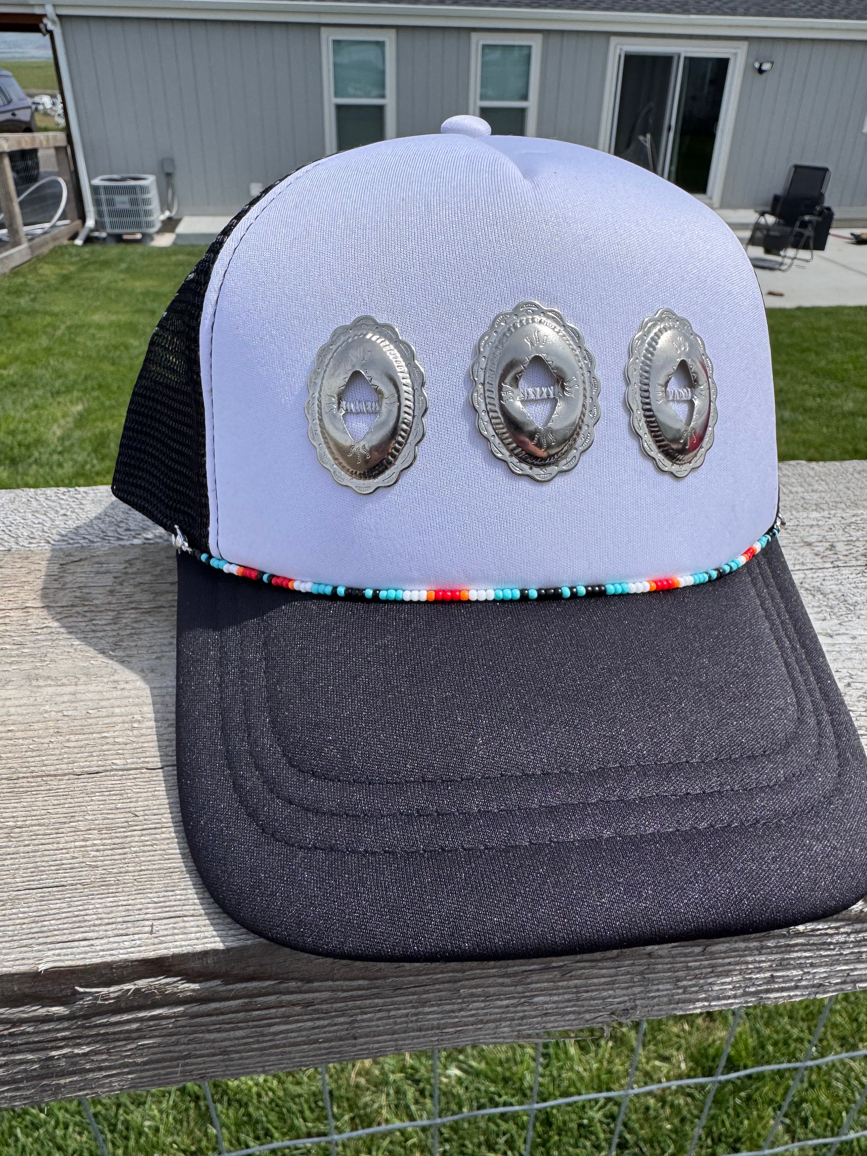 Western conch black hat with beaded hat chain