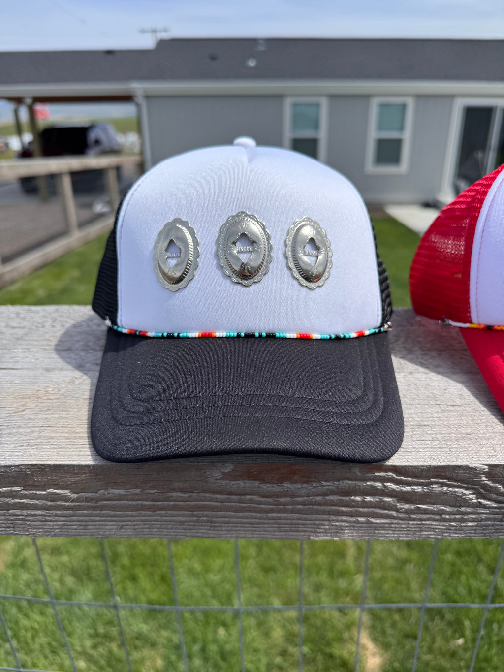 Western conch black hat with beaded hat chain