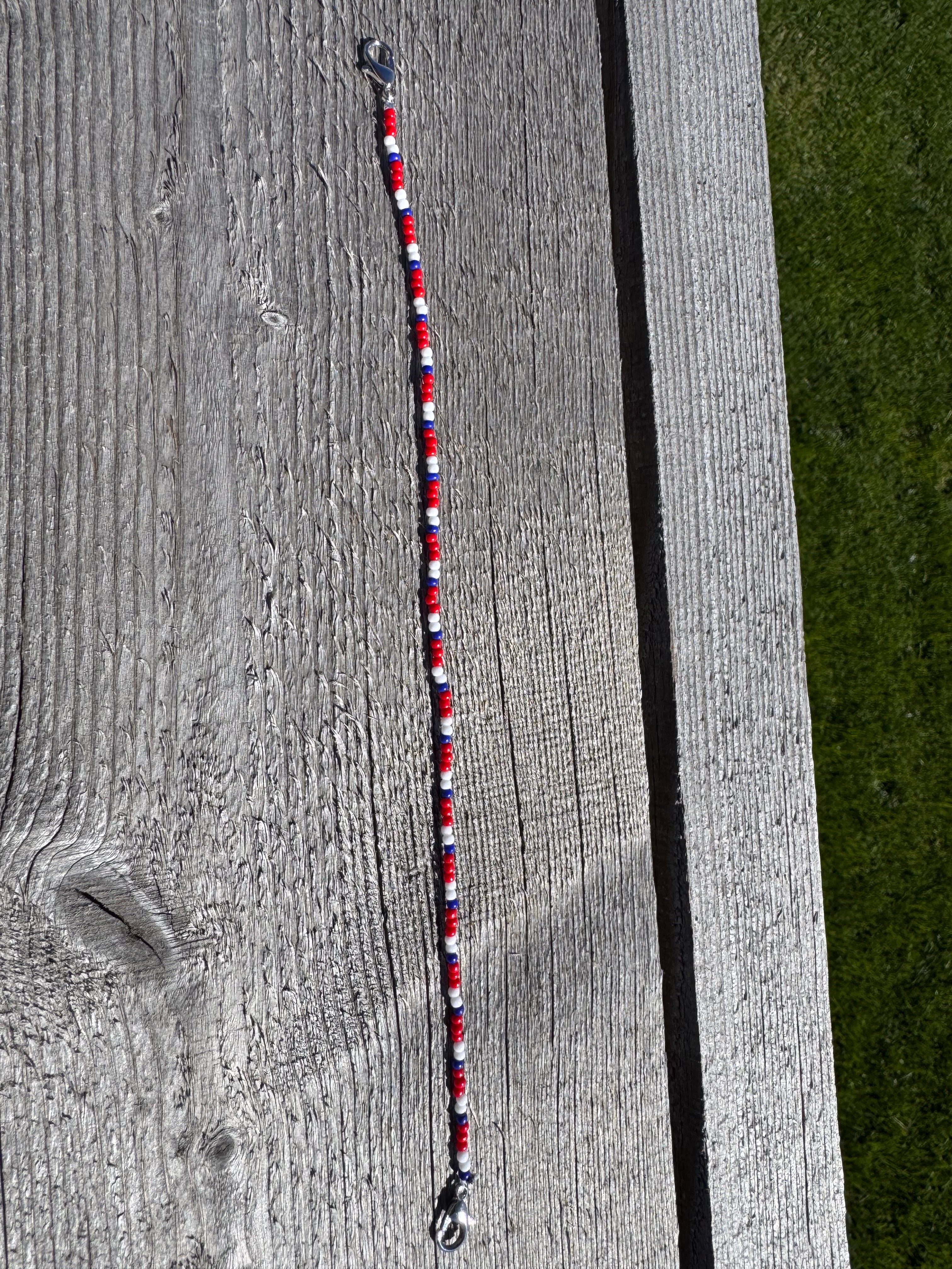 Red white & blue beaded hat chain
