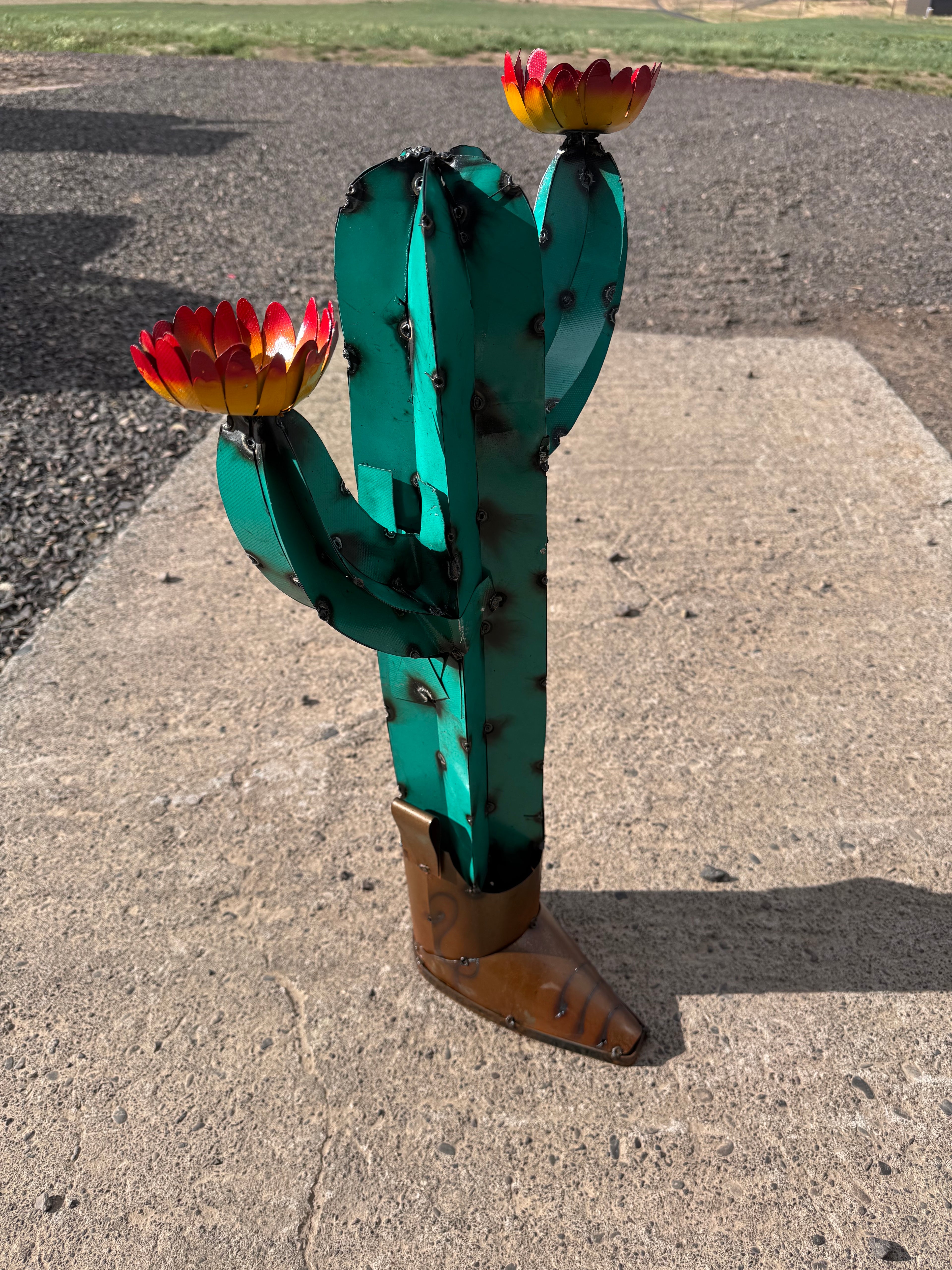 Metal Dark green cactus in boot 27 inch
