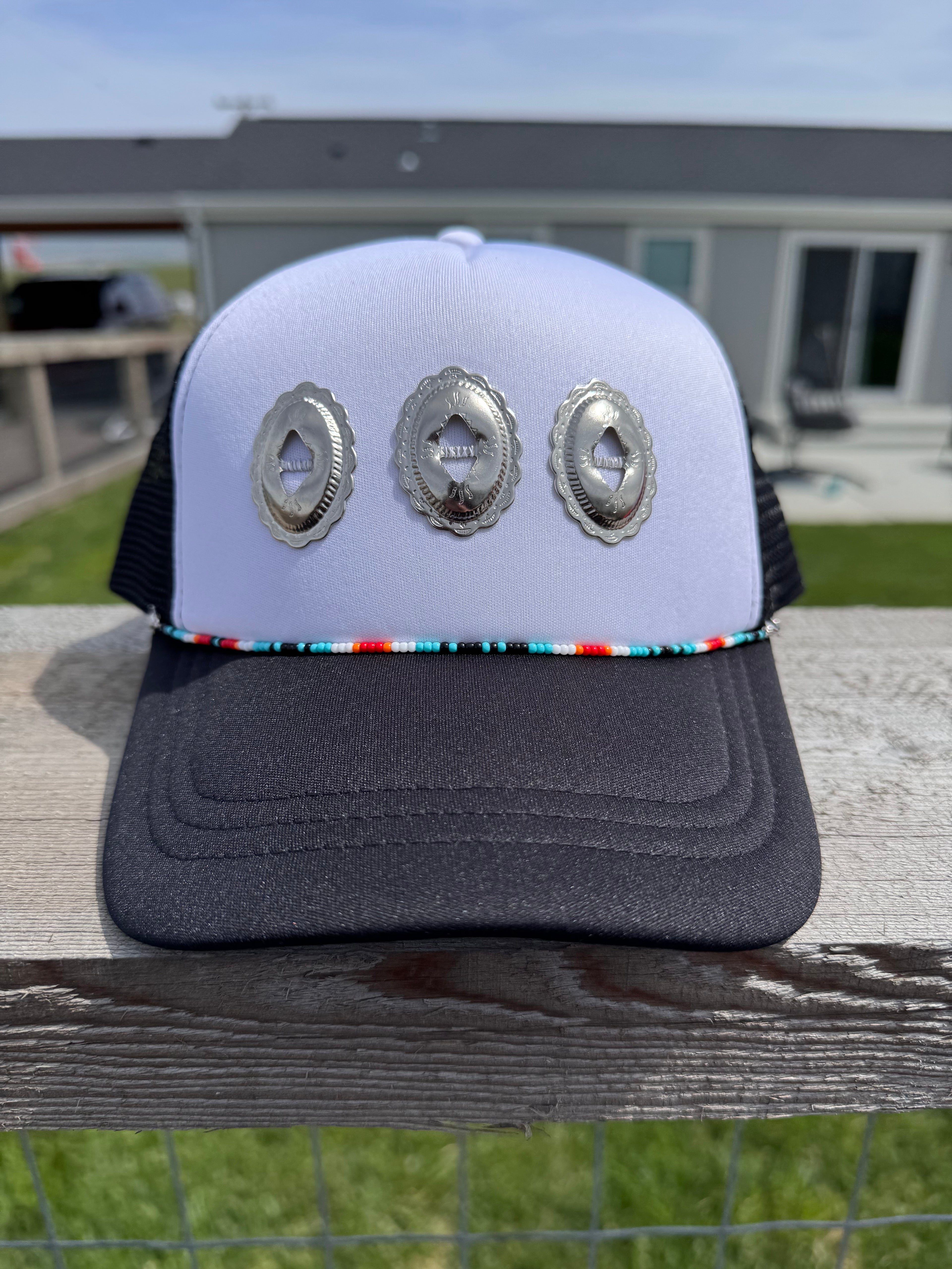 Western conch black hat with beaded hat chain