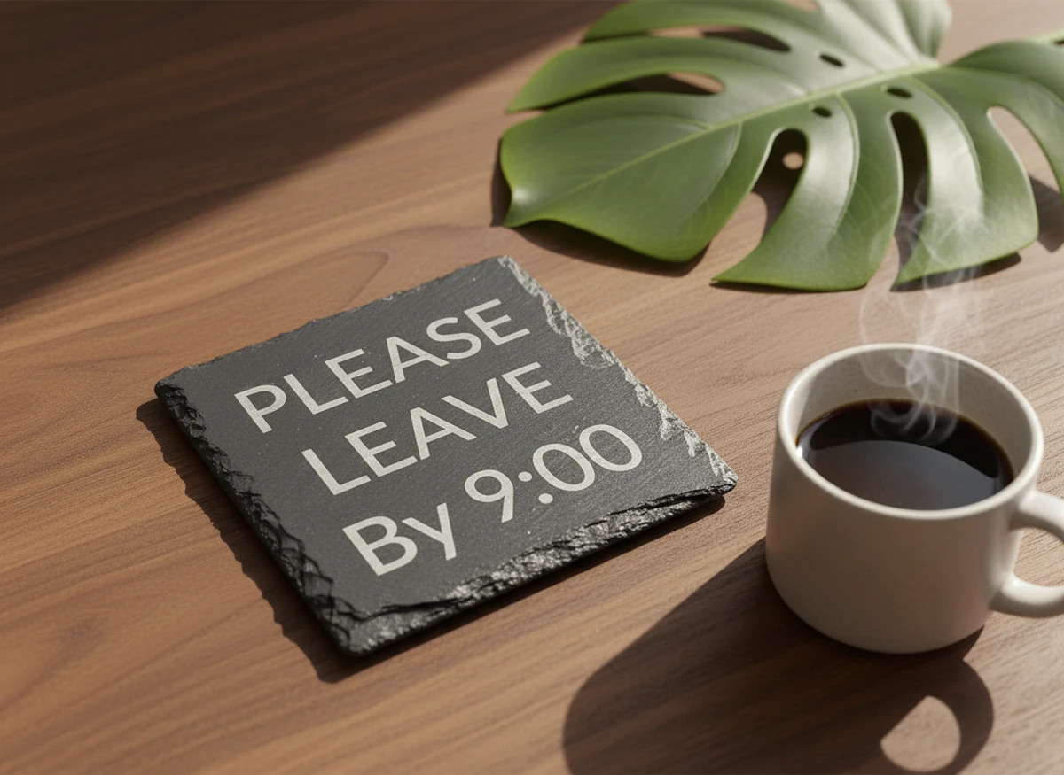 Please leave by 9:00 Slate coaster with holder