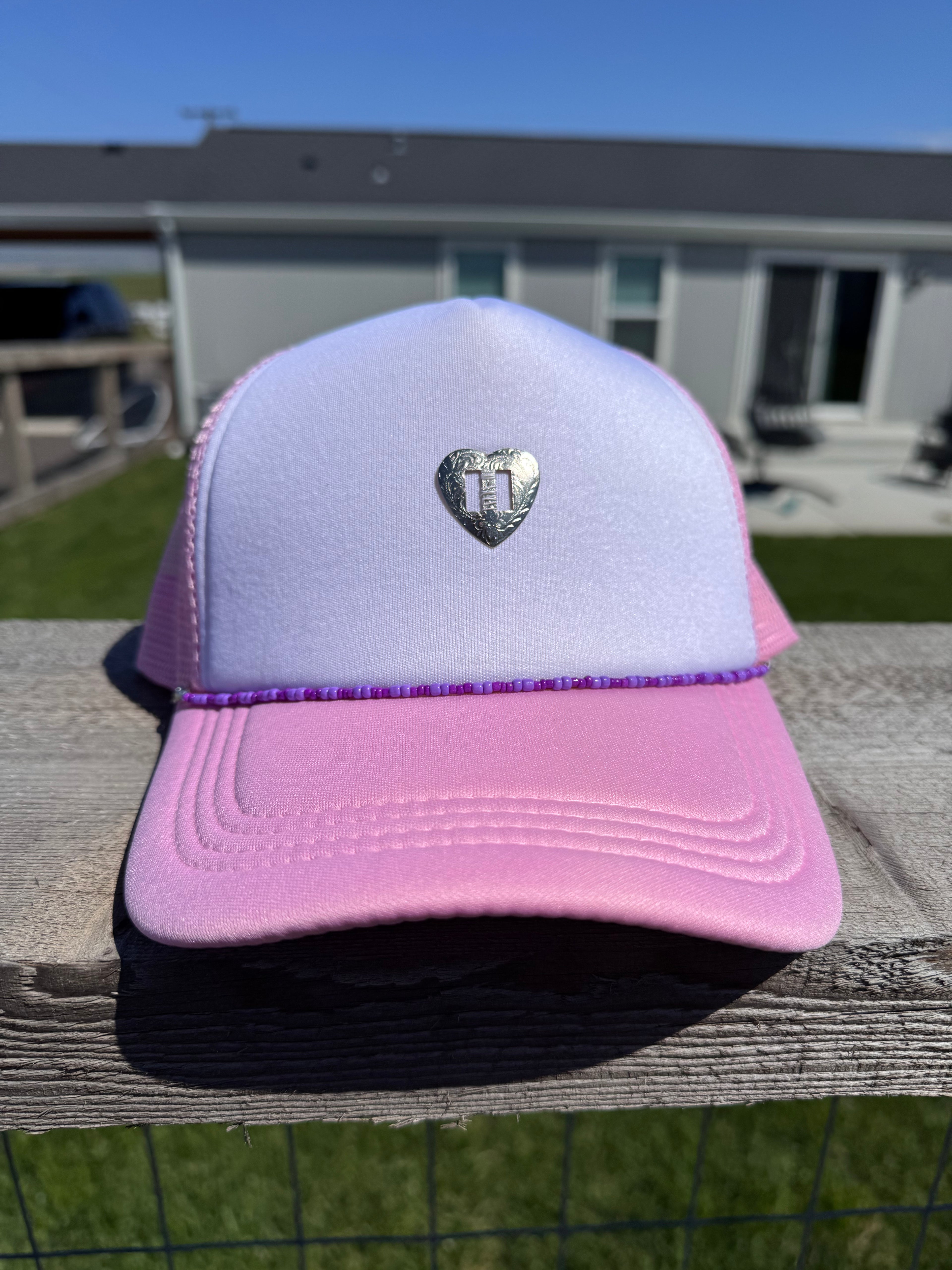 Western conch pink hat with beaded hat chain