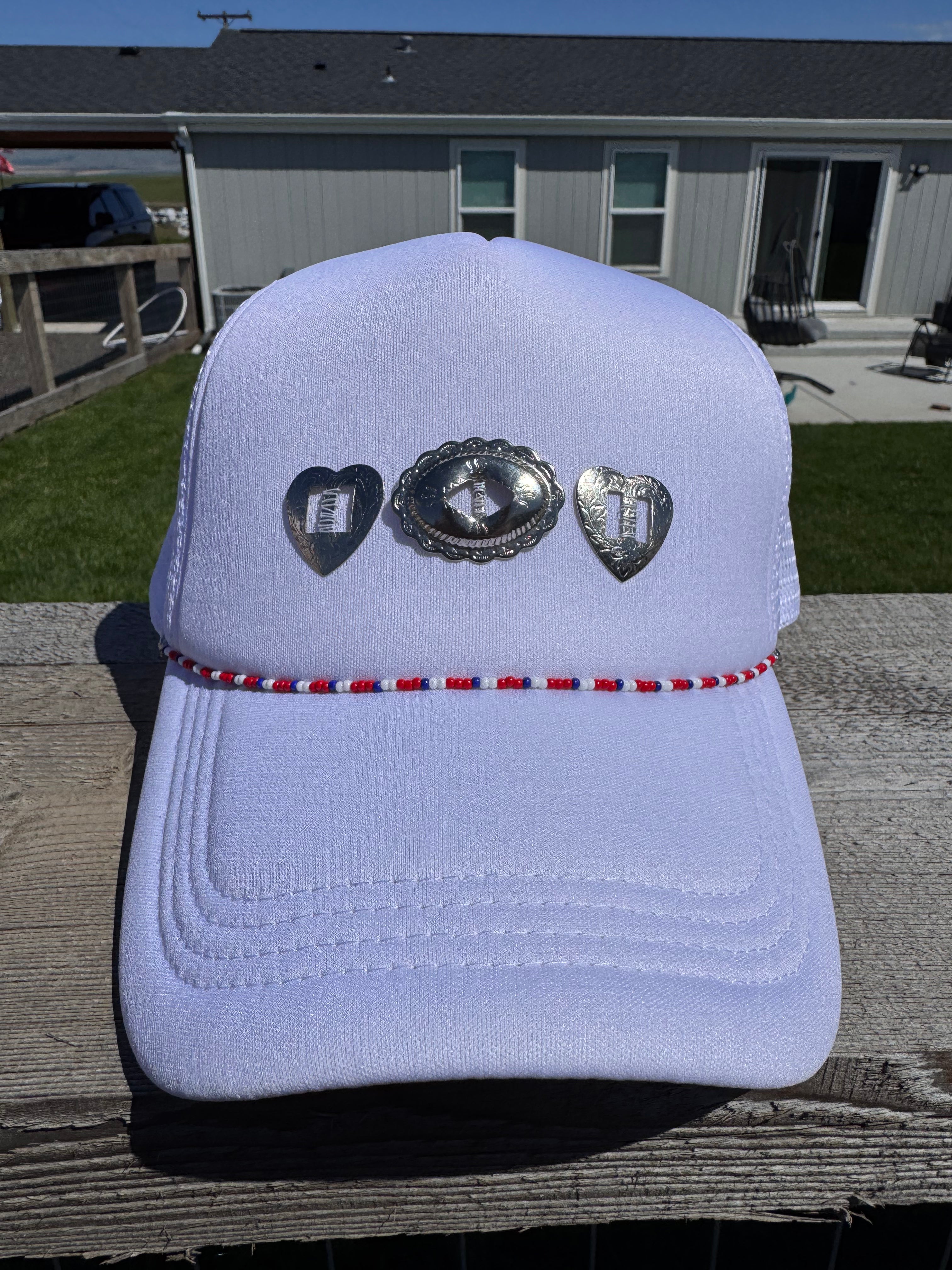 Western conch white hat with beaded hat chain