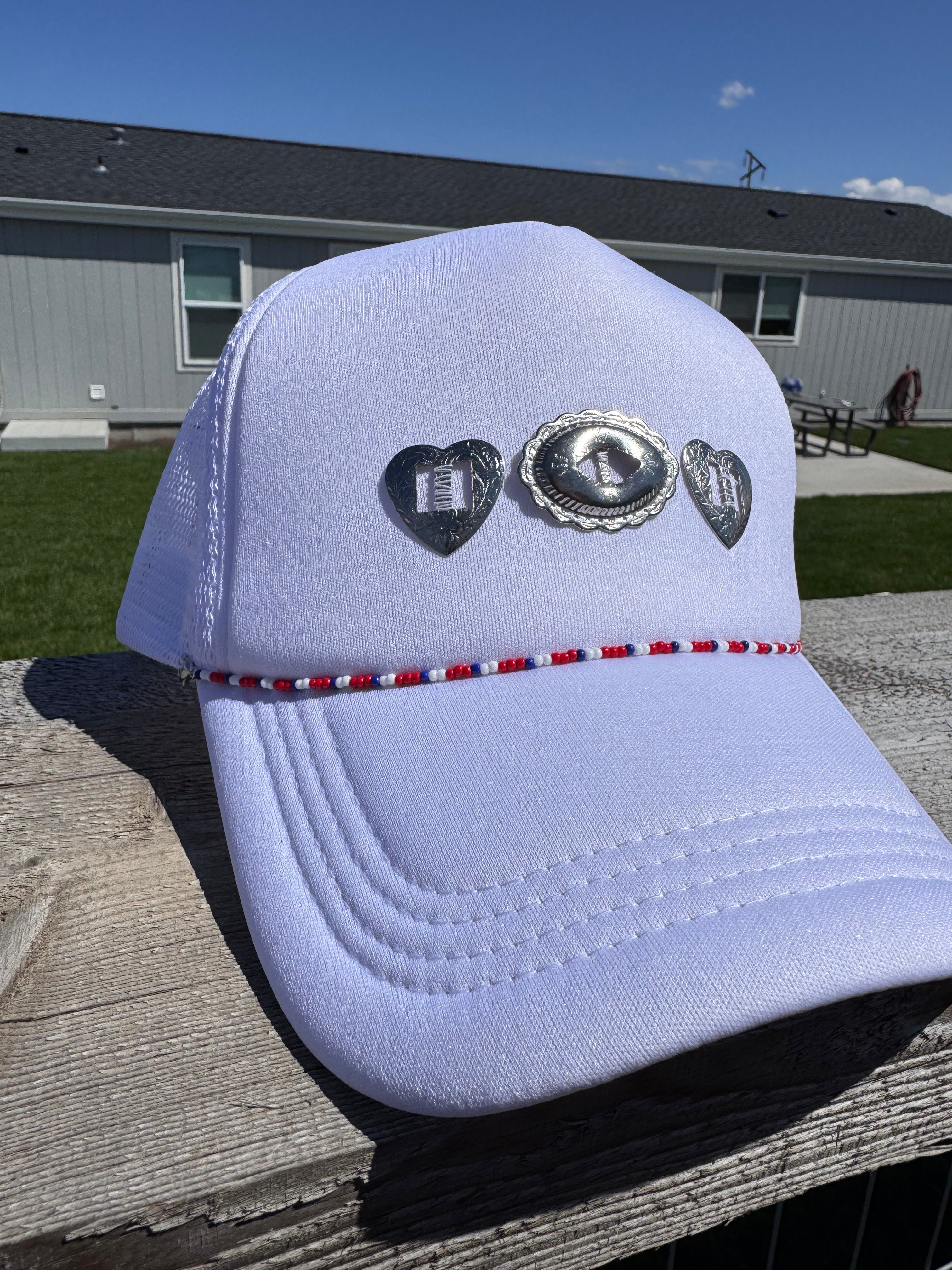 Western conch white hat with beaded hat chain