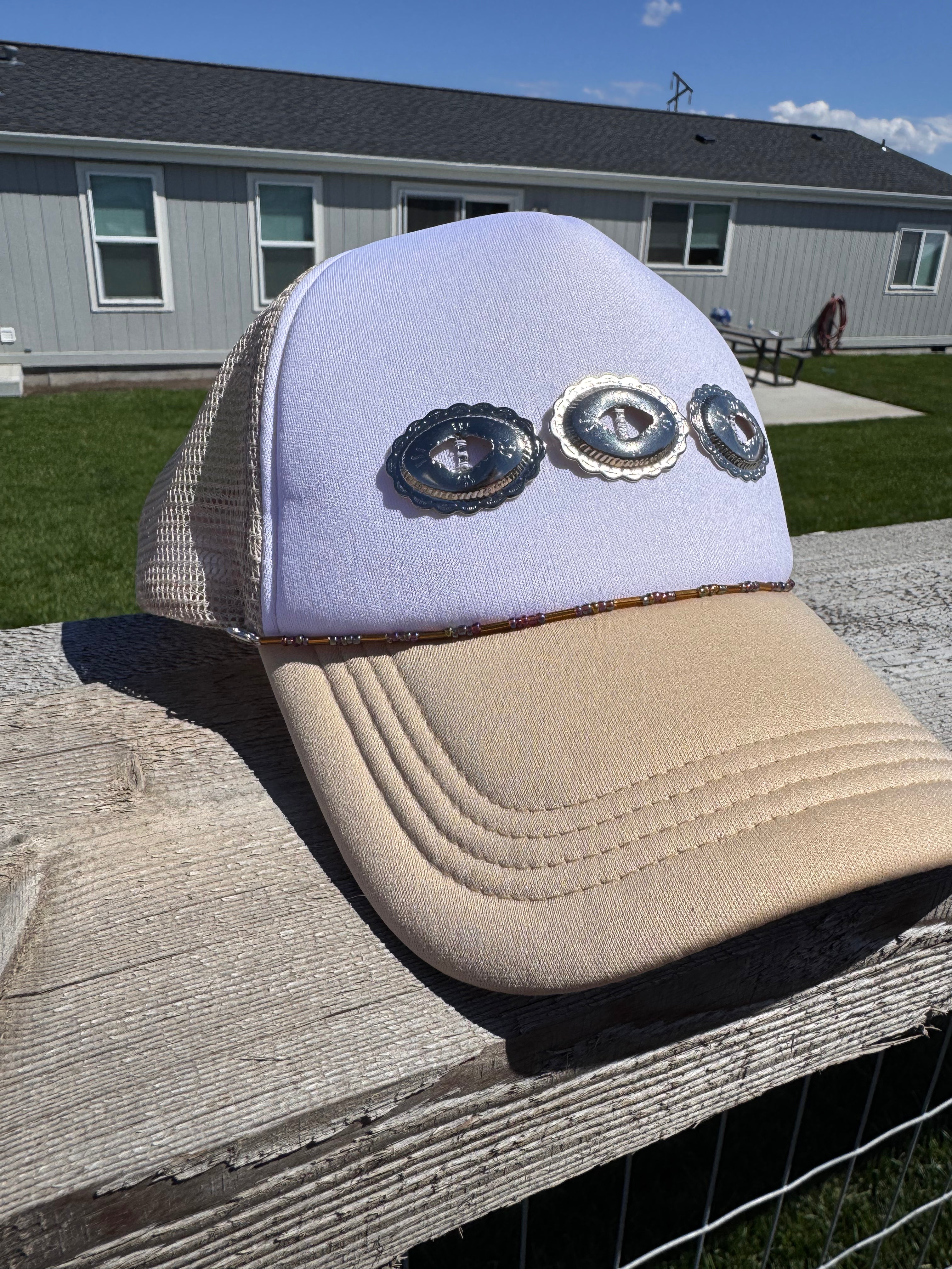 Western conch tan hat with beaded hat chain
